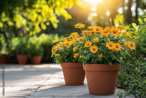 Fototapeta Naklejka Na Ścianę i Meble -  Bright yellow daisies bloom in terracotta pots, creating cheerful garden scene. warm sunlight enhances vibrant colors, inviting sense of tranquility and joy