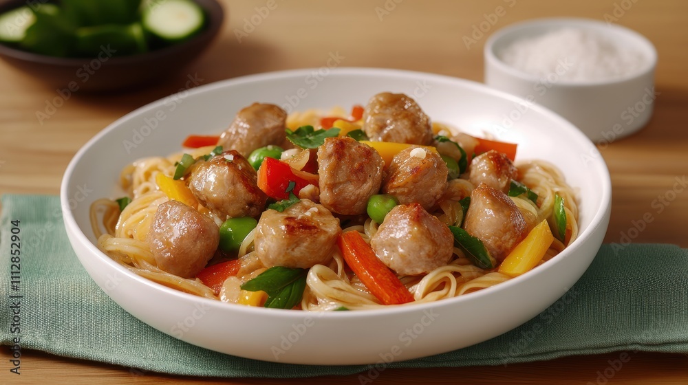 Delicious pasta dish with sausage, vegetables, and peas. Delicious pasta dish with sausage, vegetables, and peas.