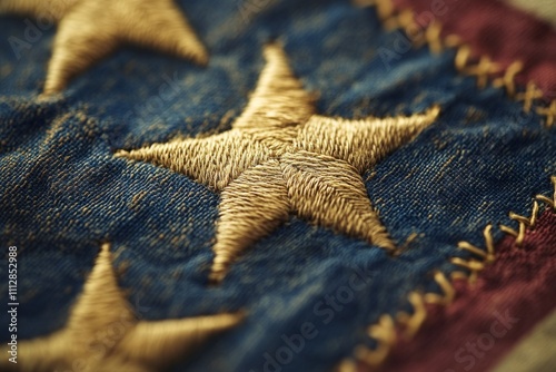 Close up view of embroidered star on a vintage American flag fabric
