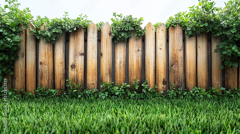 Fototapeta premium white background with an isolated green grass and wooden fence design banner