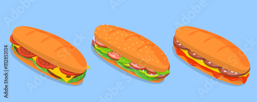 3D Isometric Flat Vector Illustration of baguette Sandwiches, Fast Food, Snacks