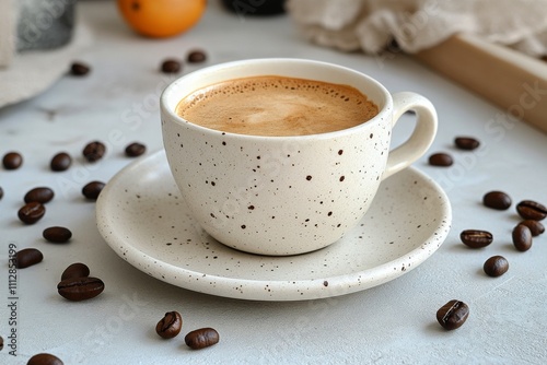 Warm coffee served in a textured white cup with saucer and coffee beans on a ...