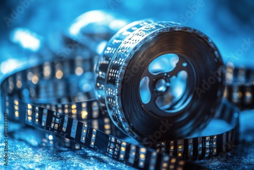 Film reels and light create an evocative atmosphere in a dark setting