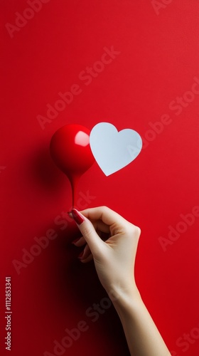 Hand holding paper sign with heart shape on bright red background