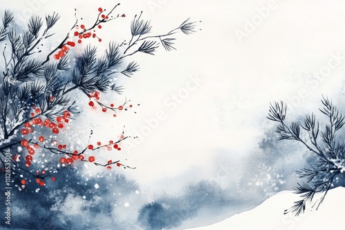 Winter landscape featuring red berries and snow covered pine branches