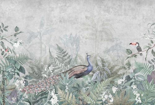 Mural wallpaper. Wallpaper jungle and leaves tropical forest mural tropical birds. Vintage Background photo