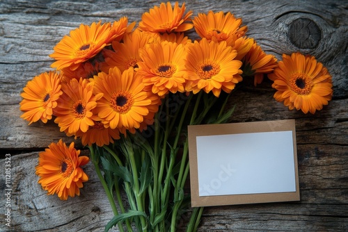 Bright yellow flowers arranged beautifully on a rustic wooden surface with a ...