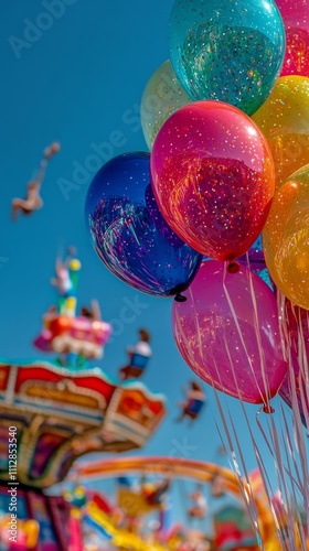 Colorful balloons decorate a festive amusement park under a bright blue sky