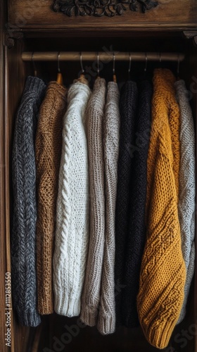 Cozy collection of knitted sweaters hanging in a wooden closet during autumn ...