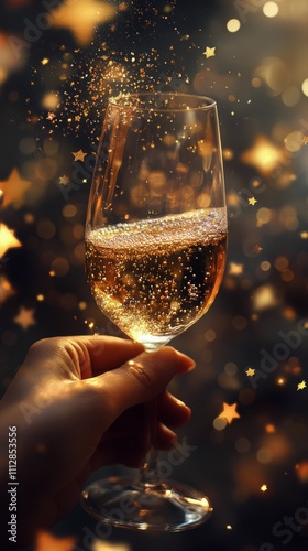 Holding a celebratory champagne glass surrounded by sparkling stars and festi...
