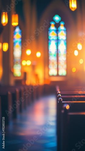 Serenity within a quiet church featuring stained glass windows and pews lined...
