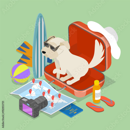 3D Isometric Flat Vector Illustration of Ready To Trip, Joyful Dog In Shades Relaxing In Unzipped Suitcase
