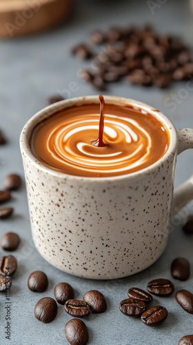 Coffee being poured into a speckled mug surrounded by roasted coffee beans