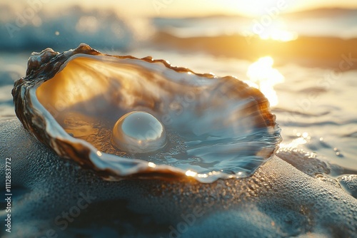 Coastal sunset reveals an oyster with a lustrous pearl on a sandy beach