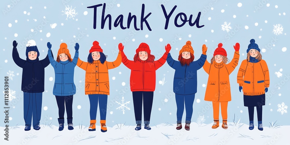 Obraz premium Friends stand together in warm winter clothing, joyfully raising their hands in celebration of Thank You Day, surrounded by gentle snowfall