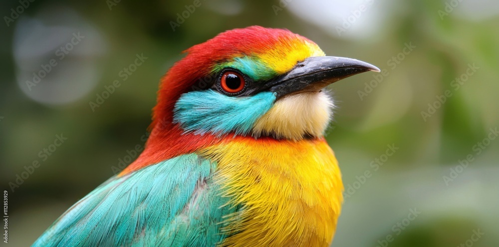 Obraz premium A vibrant burst of color! This bird's plumage showcases nature's artistry. Its striking hues and intricate details are captivating.