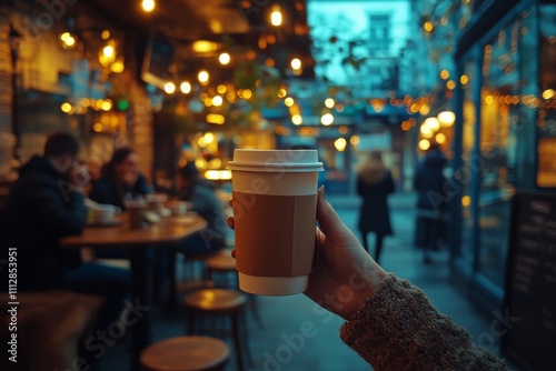 Warm cup of coffee enjoyed in a cozy cafe with atmospheric lighting in the ev...