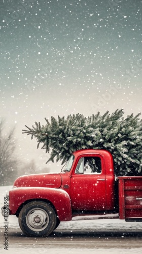 Vintage red truck transporting Christmas tree through snowy landscape in wint...
