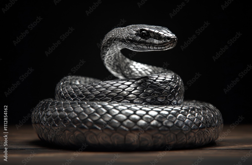 Fototapeta premium A mesmerizing metallic serpent, coiled and poised. Intricate scales gleam under dramatic lighting. A captivating study in form and texture.