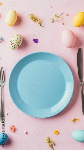 Colorful spring table setting featuring pastel eggs and natural decor surroun...