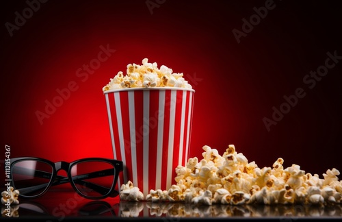 Freshly popped popcorn in a classic container with glasses next to it on a re...