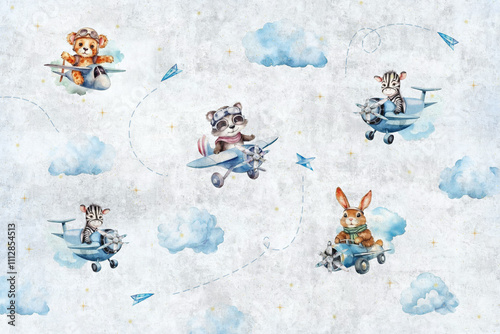 Mural wallpaper. Kid wallpapers. Wallpaper for children room with flying cute animals. Watercolor Background. photo