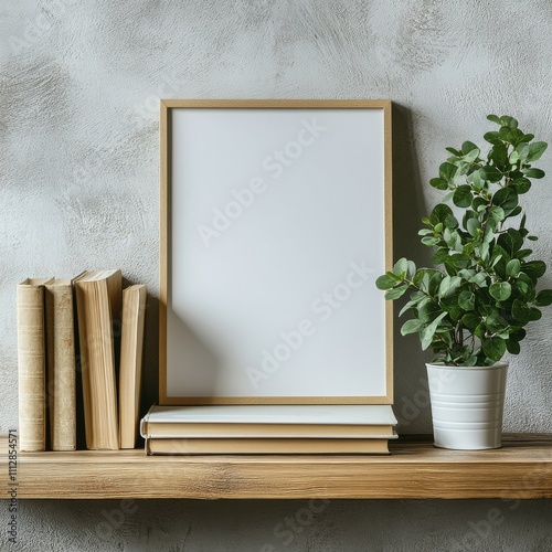 Books and a plant on a shelf with a blank frame against a green wall