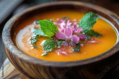 Warm orange soup garnished with fresh herbs and edible flowers in a wooden bowl