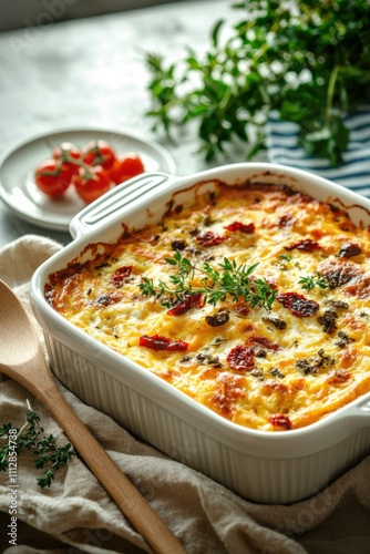 A golden baked dish, brimming with cheesy goodness and sun-dried tomatoes.  The perfect comforting meal.