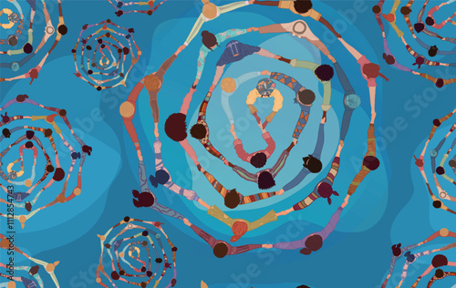 Backdrop seamless pattern with group of diverse people in a circle from different cultures holding hands. Racial equality. Community men and women of friends or volunteers. Top view. Team