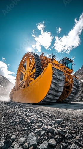Heavy machinery operates on rocky terrain under a clear blue sky near a mount...