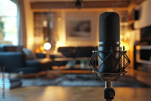 Microphone stands ready for performance in warm, softly lit environment durin...