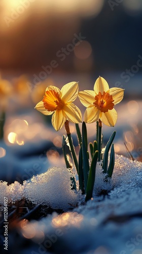 Daffodils blooming in snow during early spring at sunset in a tranquil garden