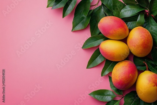 Freshly picked ripe mangoes arranged with vibrant green leaves on a pink back...