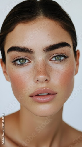 Captivating portrait of a young woman with striking green eyes and natural be...