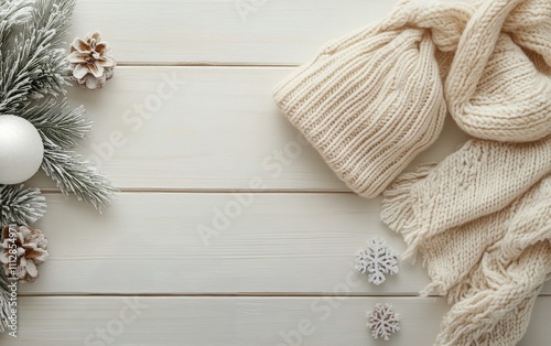 Cozy winter accessories arranged on a wooden surface with pine and snow elements
