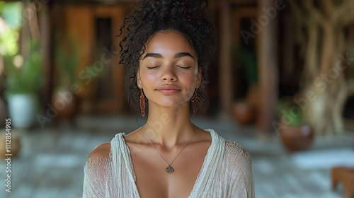 woman in prayer portrait of young woman with closed eyes meditating on terrace