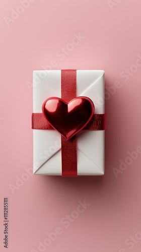 Gift box with a red heart on pink background perfect for celebrations and spe...