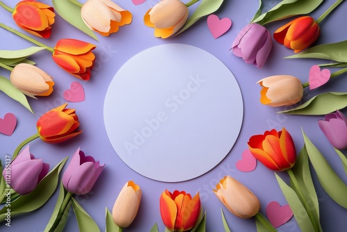 Colorful paper flowers and hearts surround a blank circle on a pastel backgro...