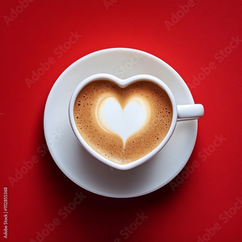 Coffee cup with heart shaped foam on bright red background creates warm and c...