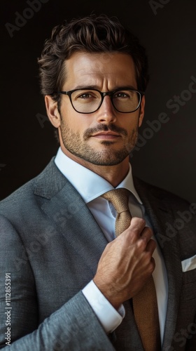 Confident man adjusting tie in formal attire with glasses in indoor setting