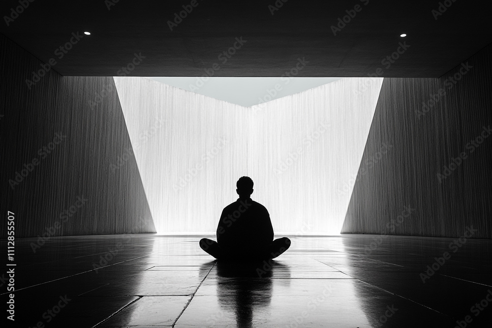 Silhouetted Person Meditates In Modern Architecture