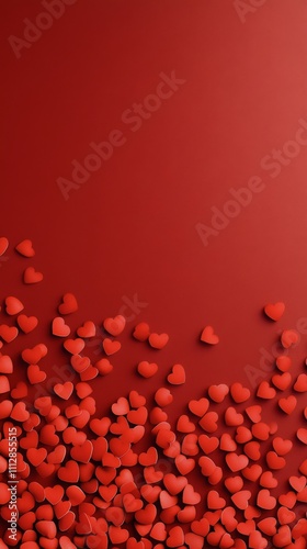 Vibrant heart shaped decorations scattered on a rich red background for festive occasions photo