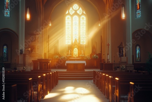 Light streams through stained glass windows in a serene church setting
