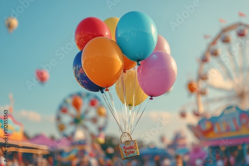 Colorful balloons at a fair with a ferris wheel in the background during sunn...