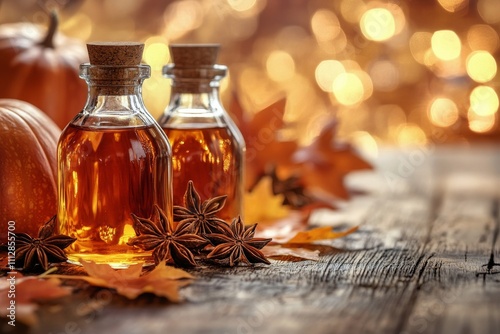 Autumnal display of spiced pumpkin essence with decorative leaves and warm li...