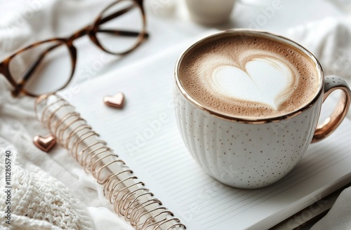 Warm latte art in a cozy workspace with glasses and a notebook on a light sur...