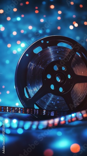 Vintage film reel with golden tape surrounded by bokeh lights in a dark setting