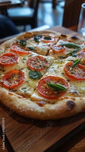 Delicious flatbread pizza topped with fresh tomatoes and basil in cozy setting