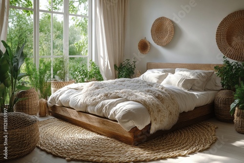Cozy and inviting bedroom with natural elements and soft textures in a calmin...
